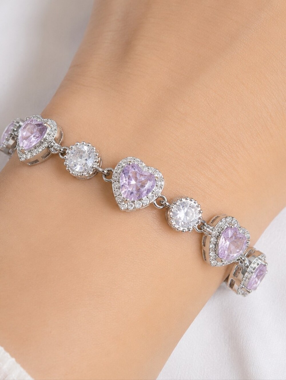 Silver Heart & Round Purple Crystal Bracelet - Women Jewelry
